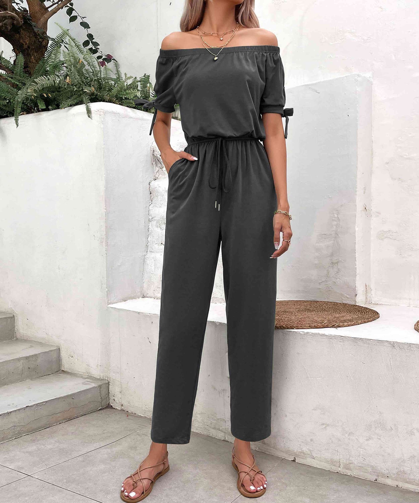 Off-Shoulder Tie Cuff Jumpsuit with Pockets (3 Variants)