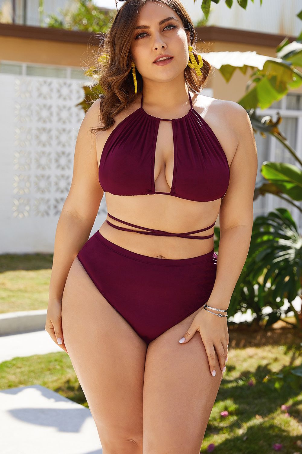 Plus Size Cutout Tied Backless Bikini Set (4 Variants)