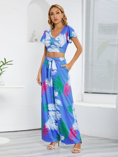 Tropical V-Neck Top & Tied Pants Set (3 Variants)