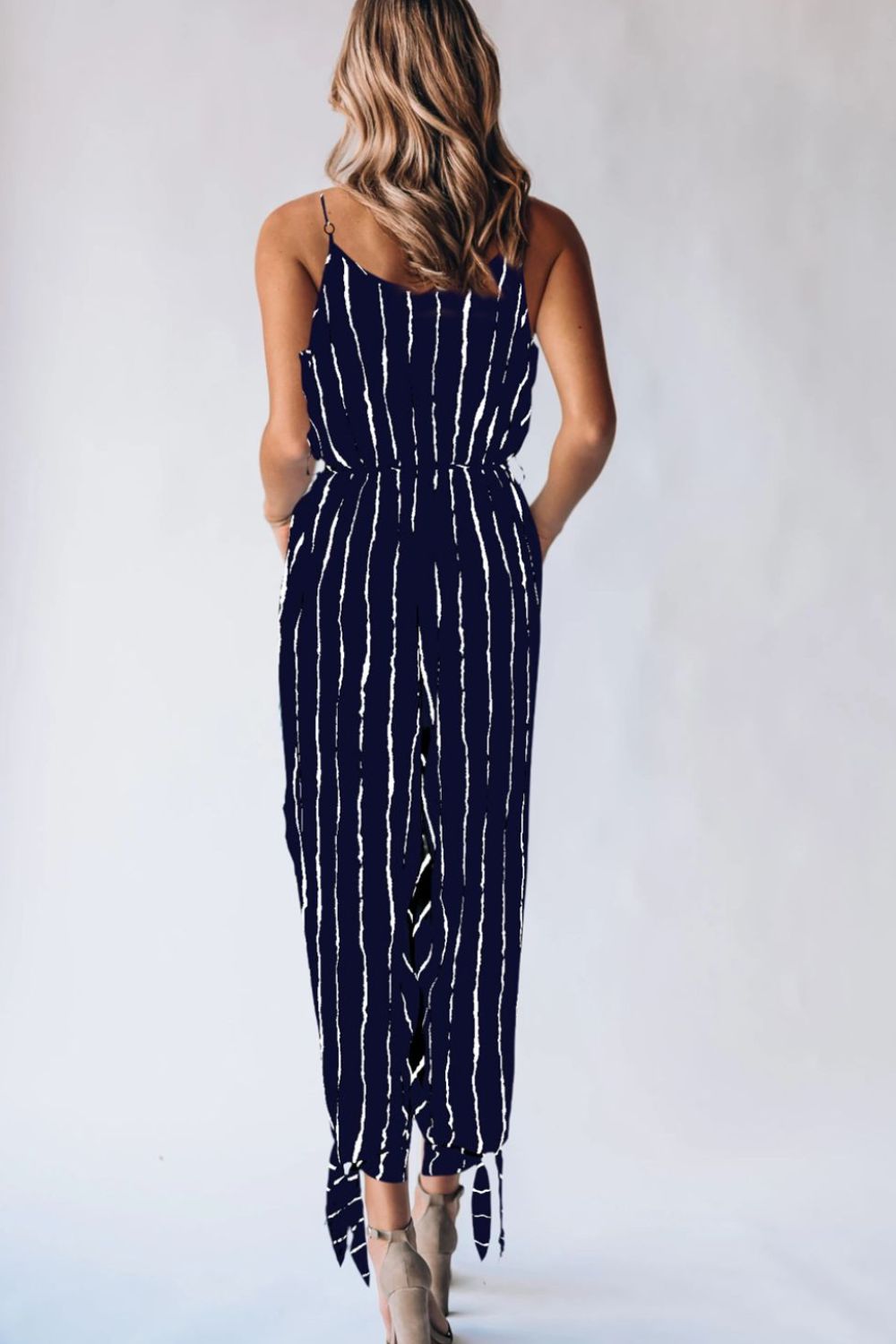 Striped Contrast Tie Ankle Spaghetti Strap Jumpsuit (2 Variants)