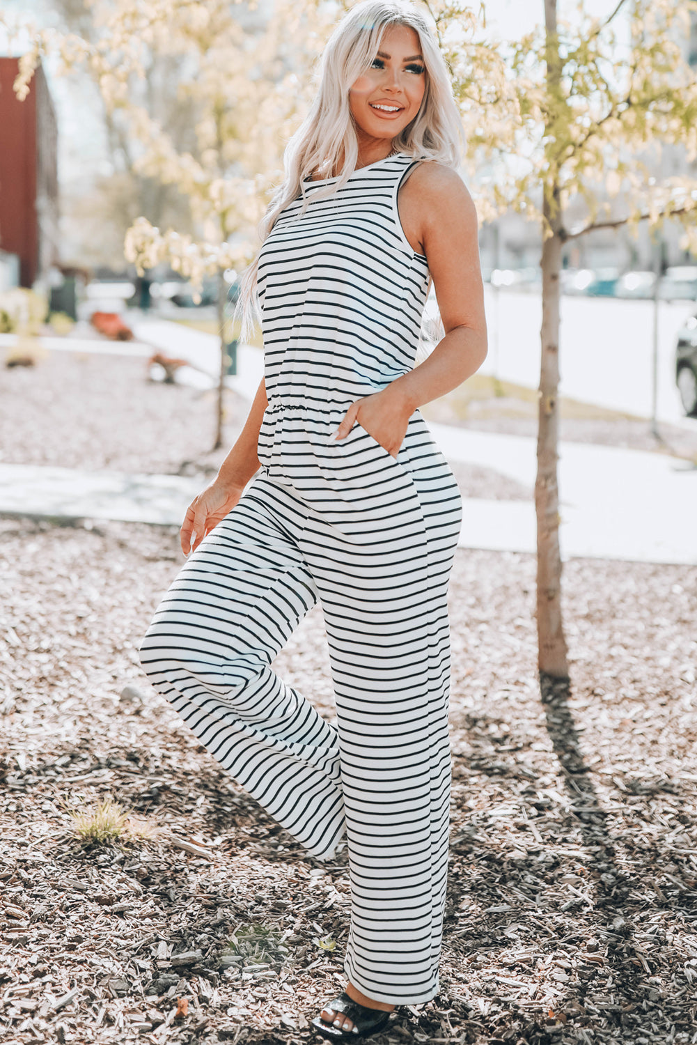 Striped Sleeveless Jumpsuit with Pockets (2 Variants)