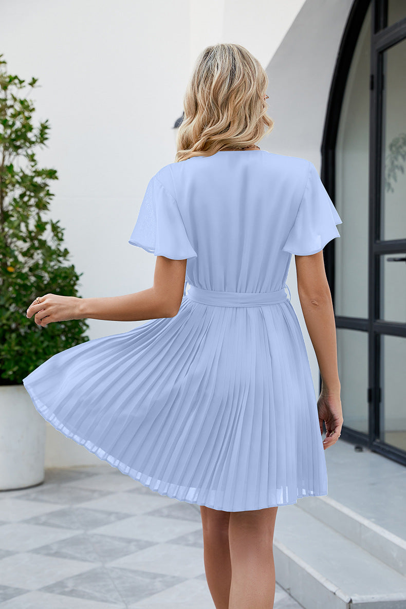 Surplice Neck Tie Waist Flutter Sleeve Pleated Dress (4 Variants)