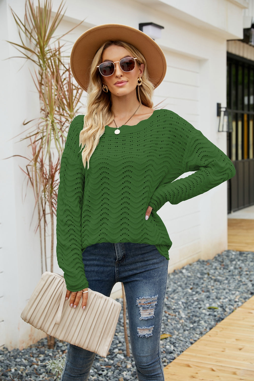 Scalloped Boat Neck Openwork Tunic Sweater