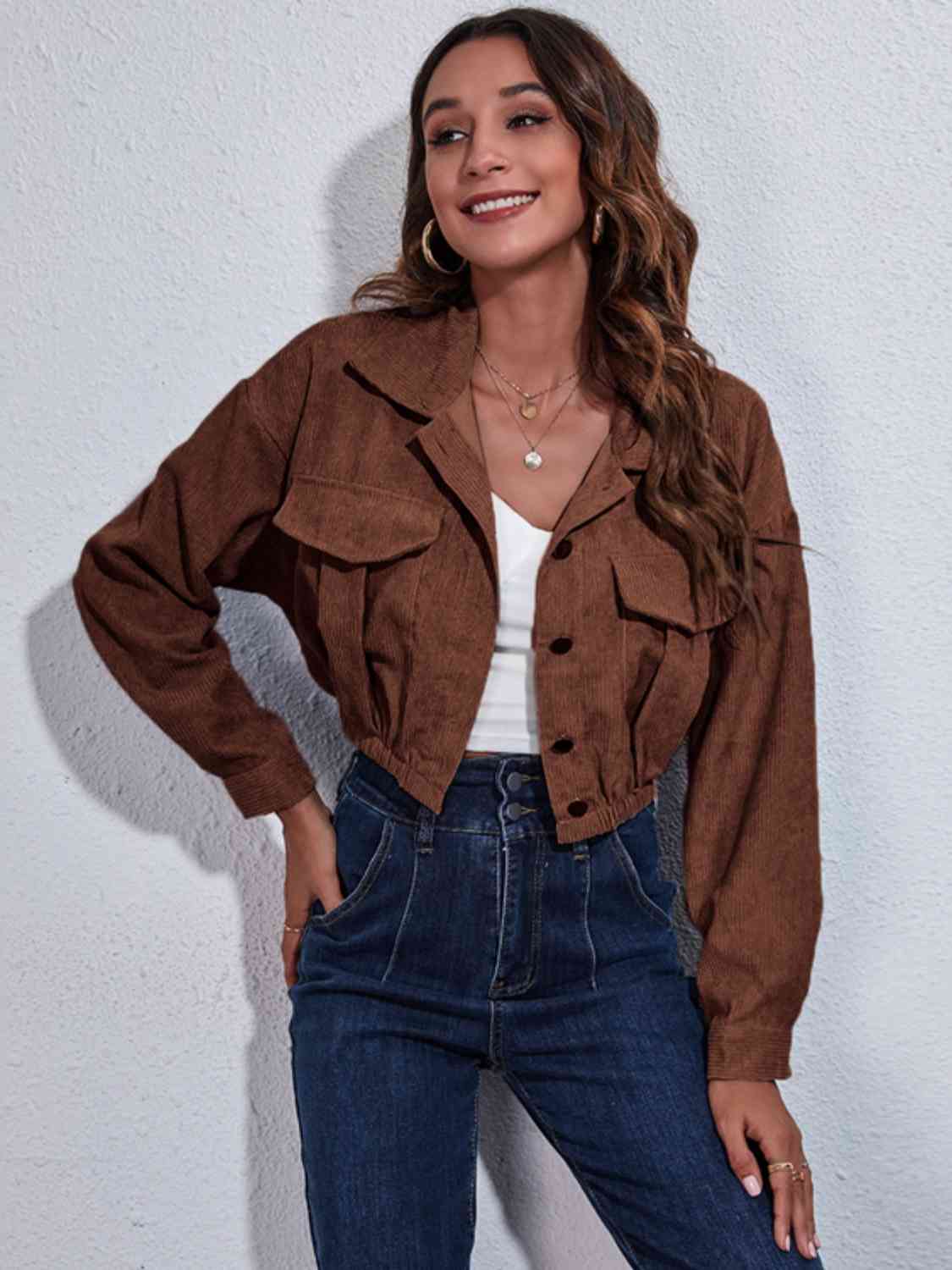 Collared Neck Dropped Shoulder Buttoned Jacket