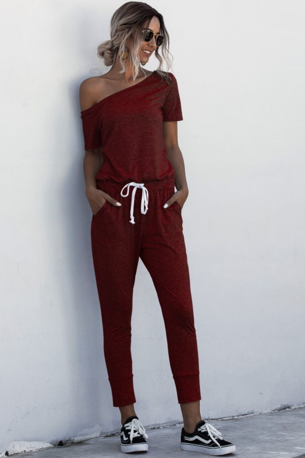 Asymmetrical Neck Tied Jumpsuit with Pockets (4 Variants)