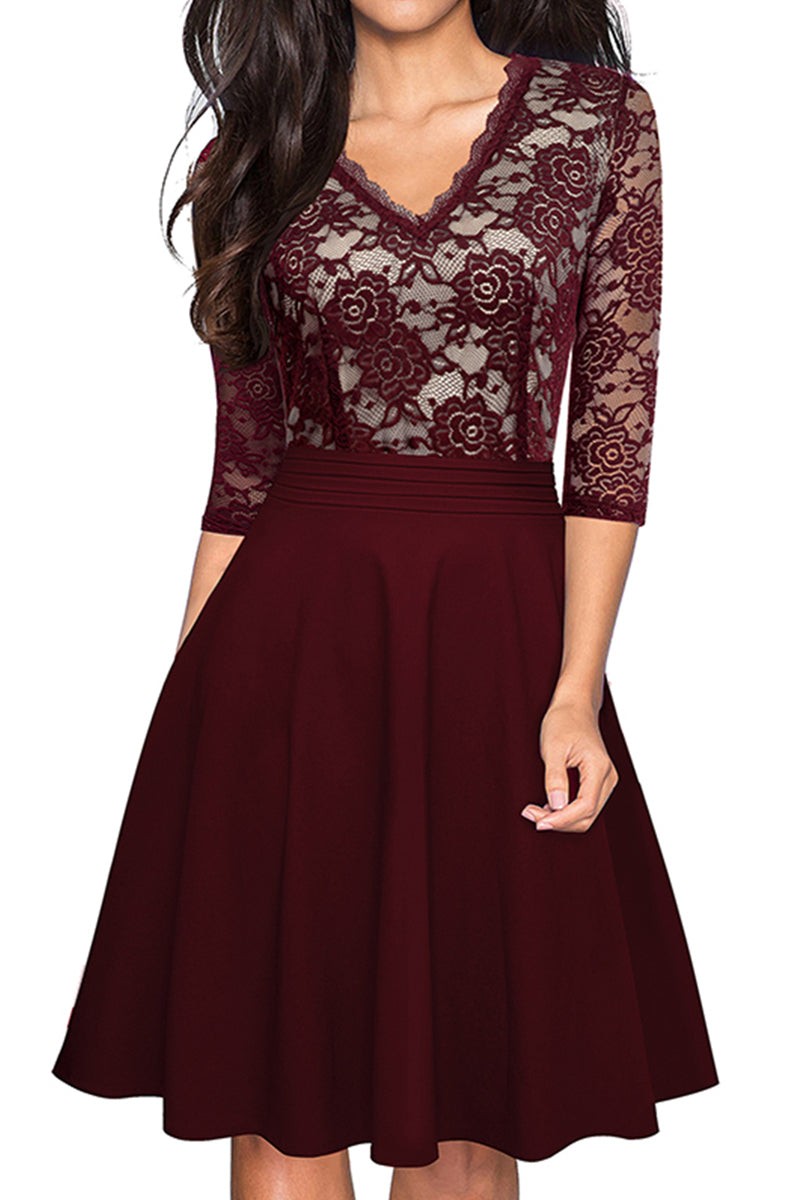 V-Neck Lace Detail Knee-Length Dress (9 Variants)