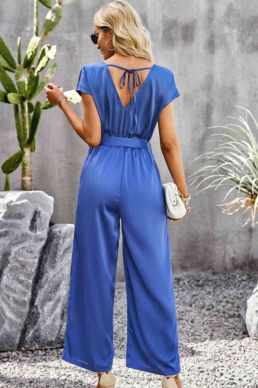 Tie Belt V-Neck Short Sleeve Jumpsuit (3 Variants)