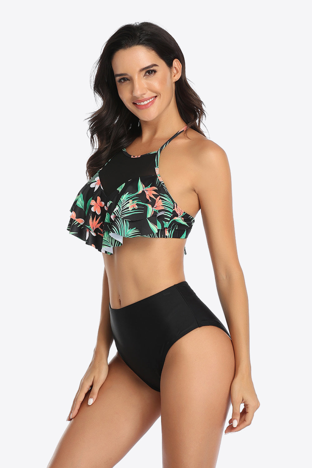 Tropical Print Ruffled Two-Piece Swimsuit (4 Variants)