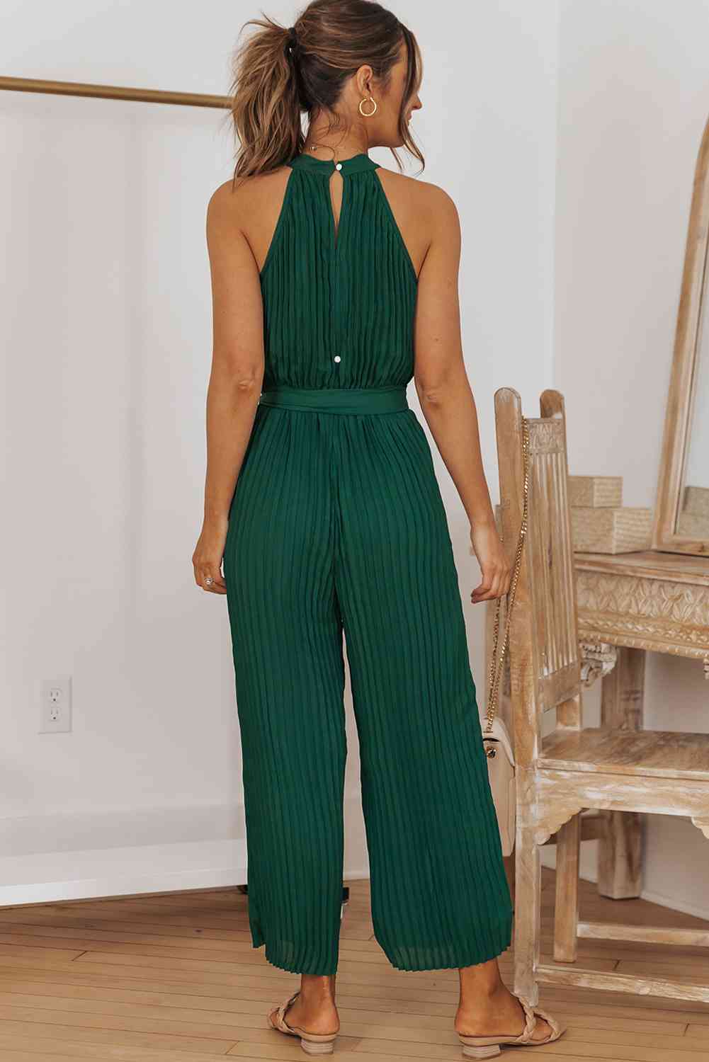 Accordion Pleated Belted Grecian Neck Sleeveless Jumpsuit (3 Variants)