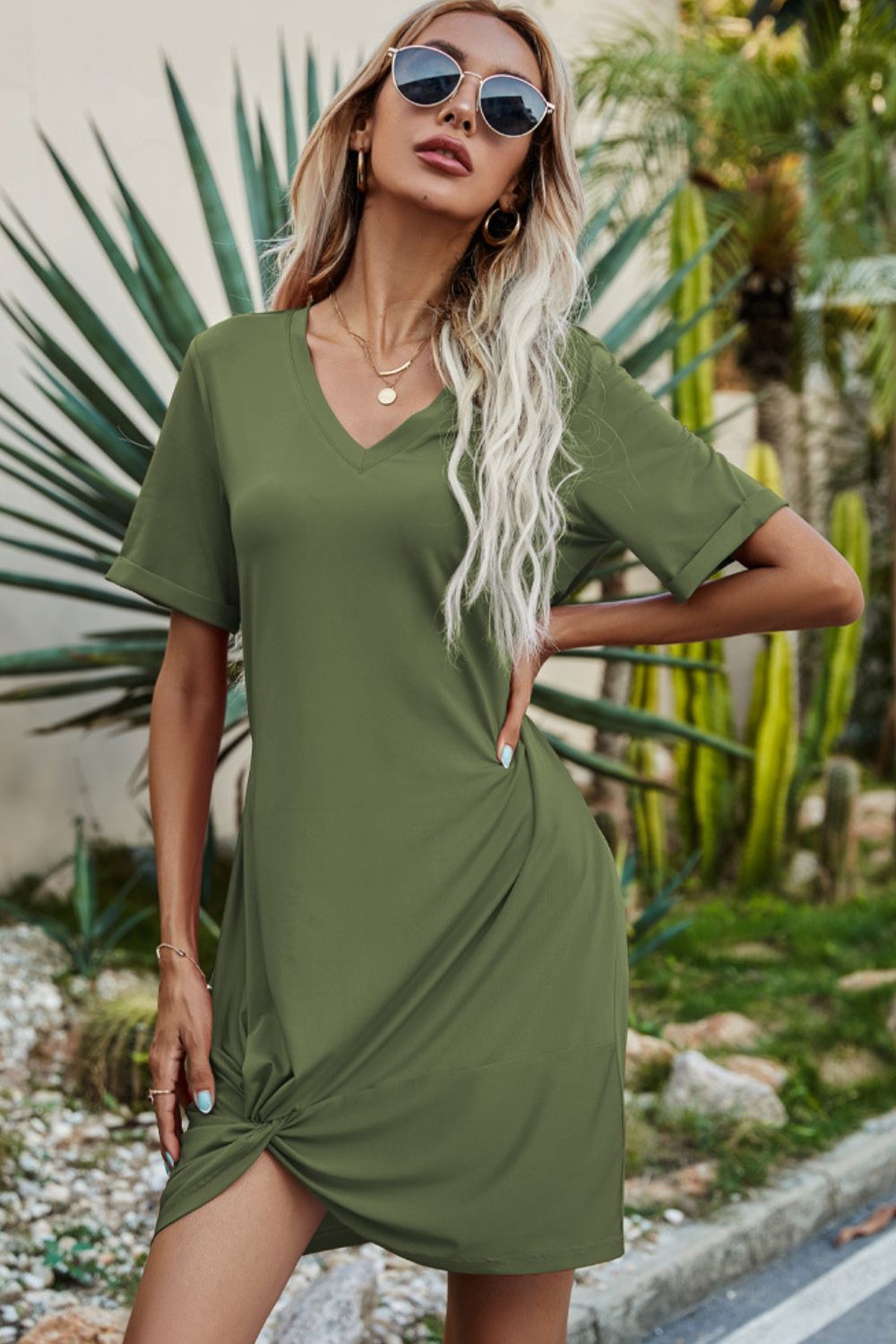 Twisted V-Neck Short Sleeve Dress (12 Variants)