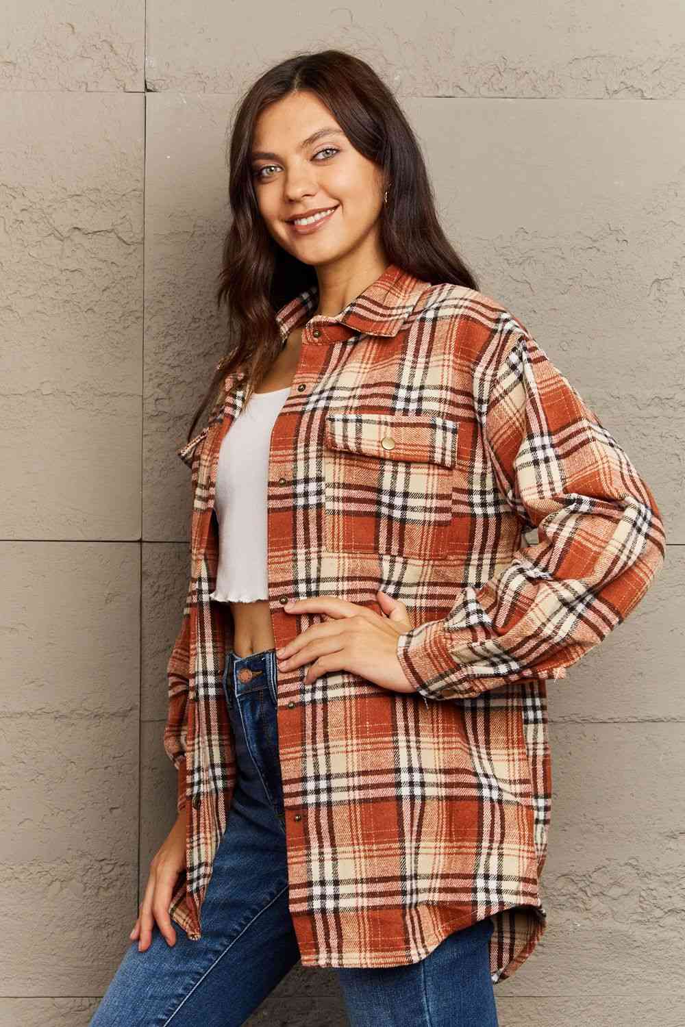 Ninexis Full Size Plaid Collared Neck Button-Down Long Sleeve Jacket