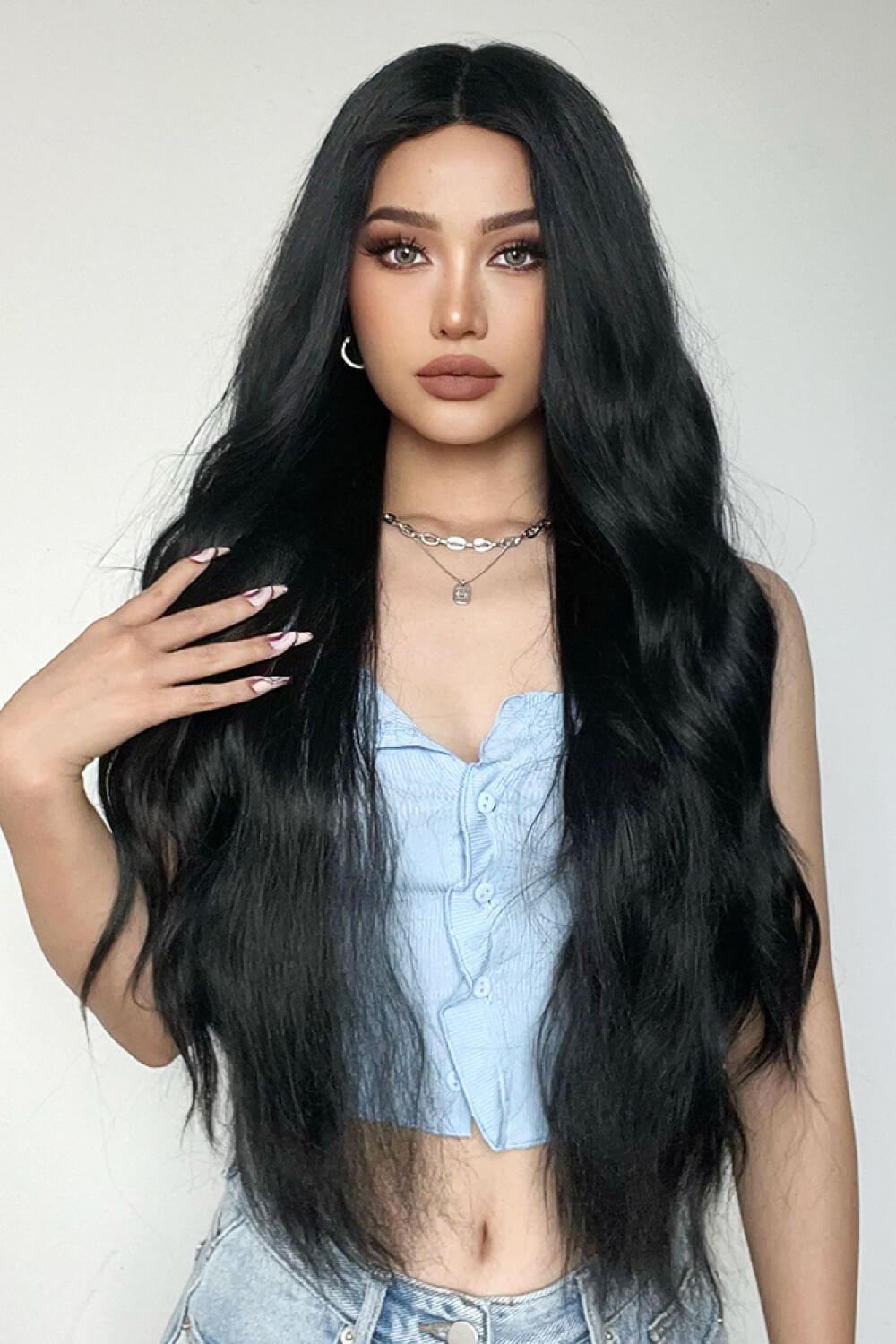 28" Long Black Deep Wave Synthetic Wig