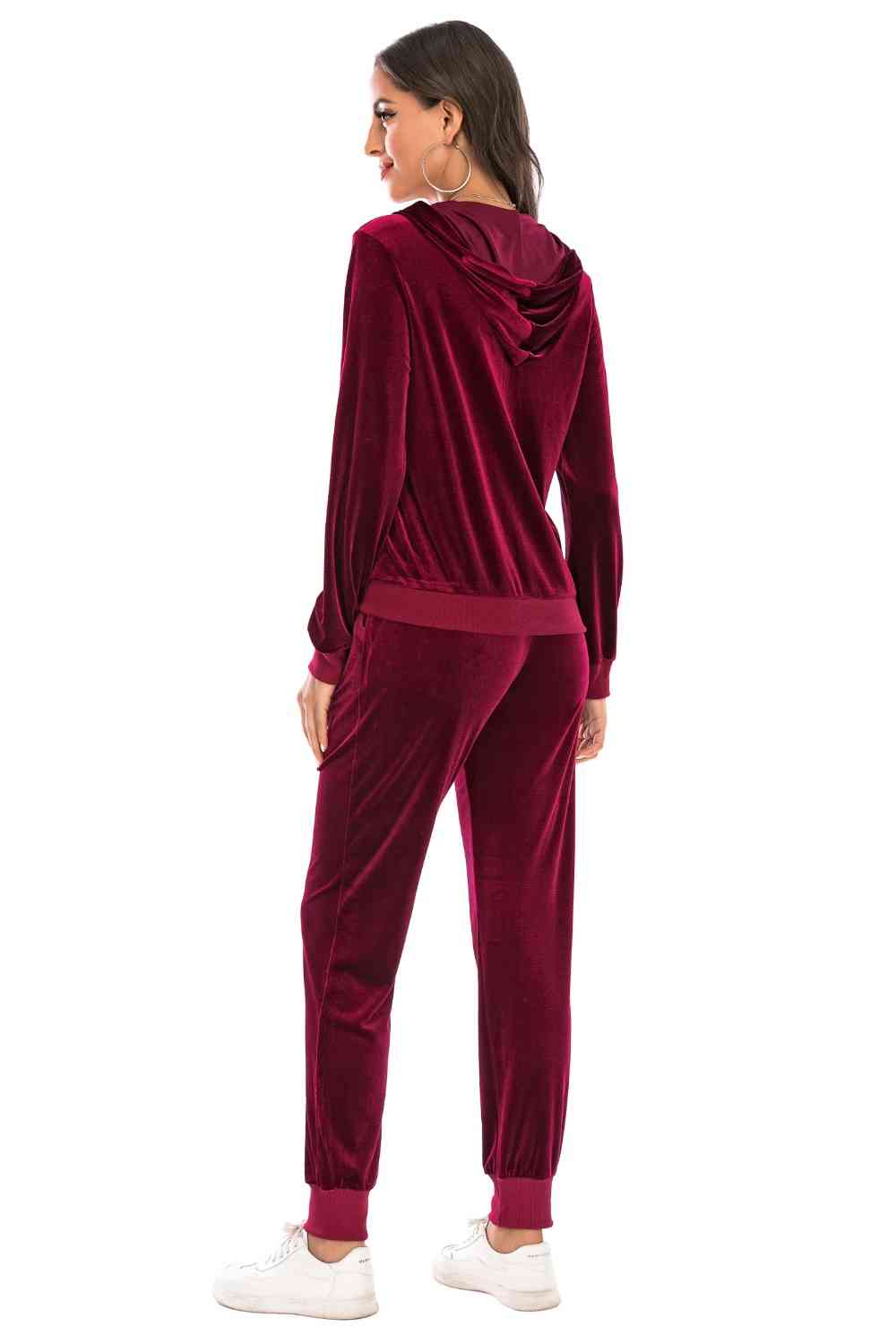 Velour Styled Zip-Up Hoodie and Pants Set