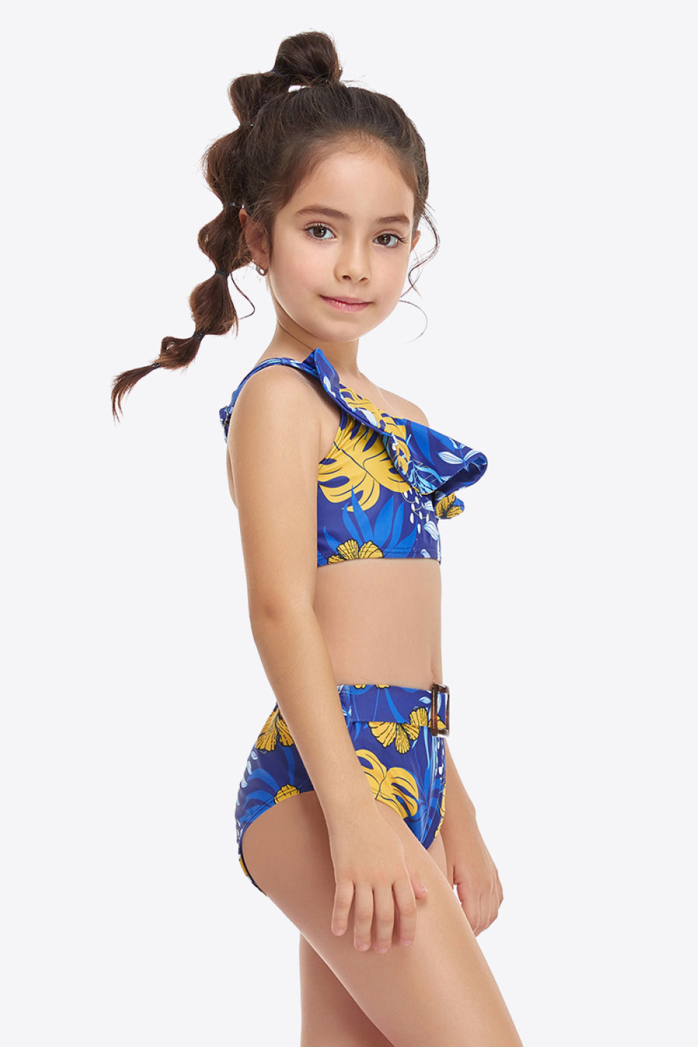 Girls Ruffled One-Shoulder Buckle Detail Two-Piece Swim Set