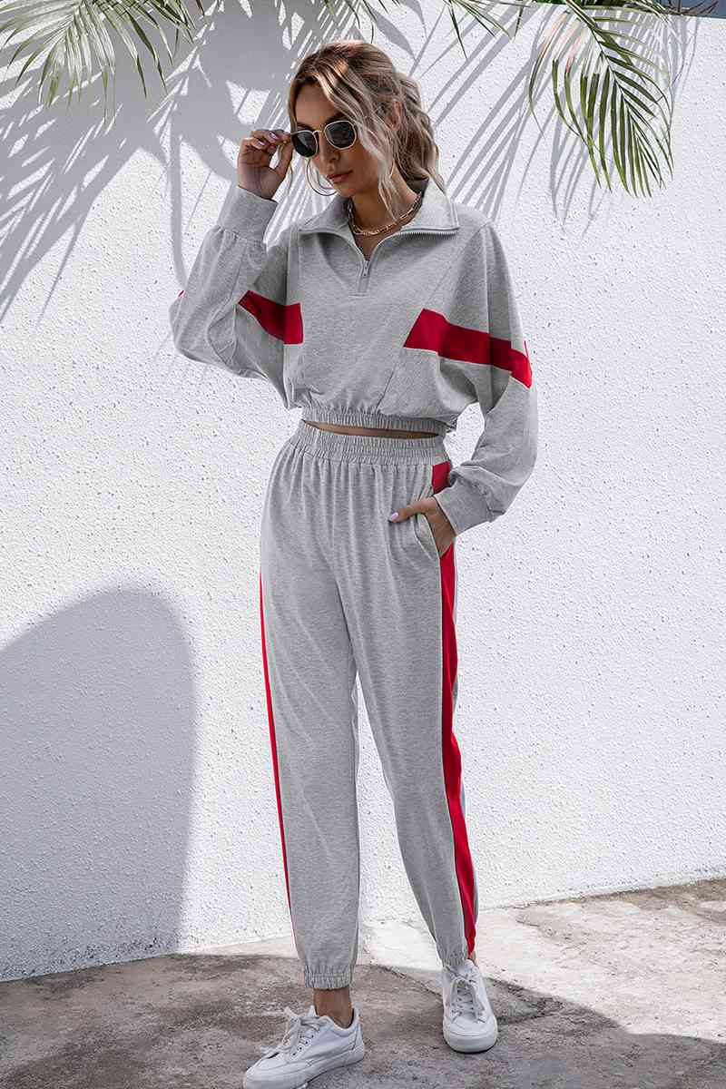 Turtle Neck Long Sleeve Zip-Up Top Long Pants Set