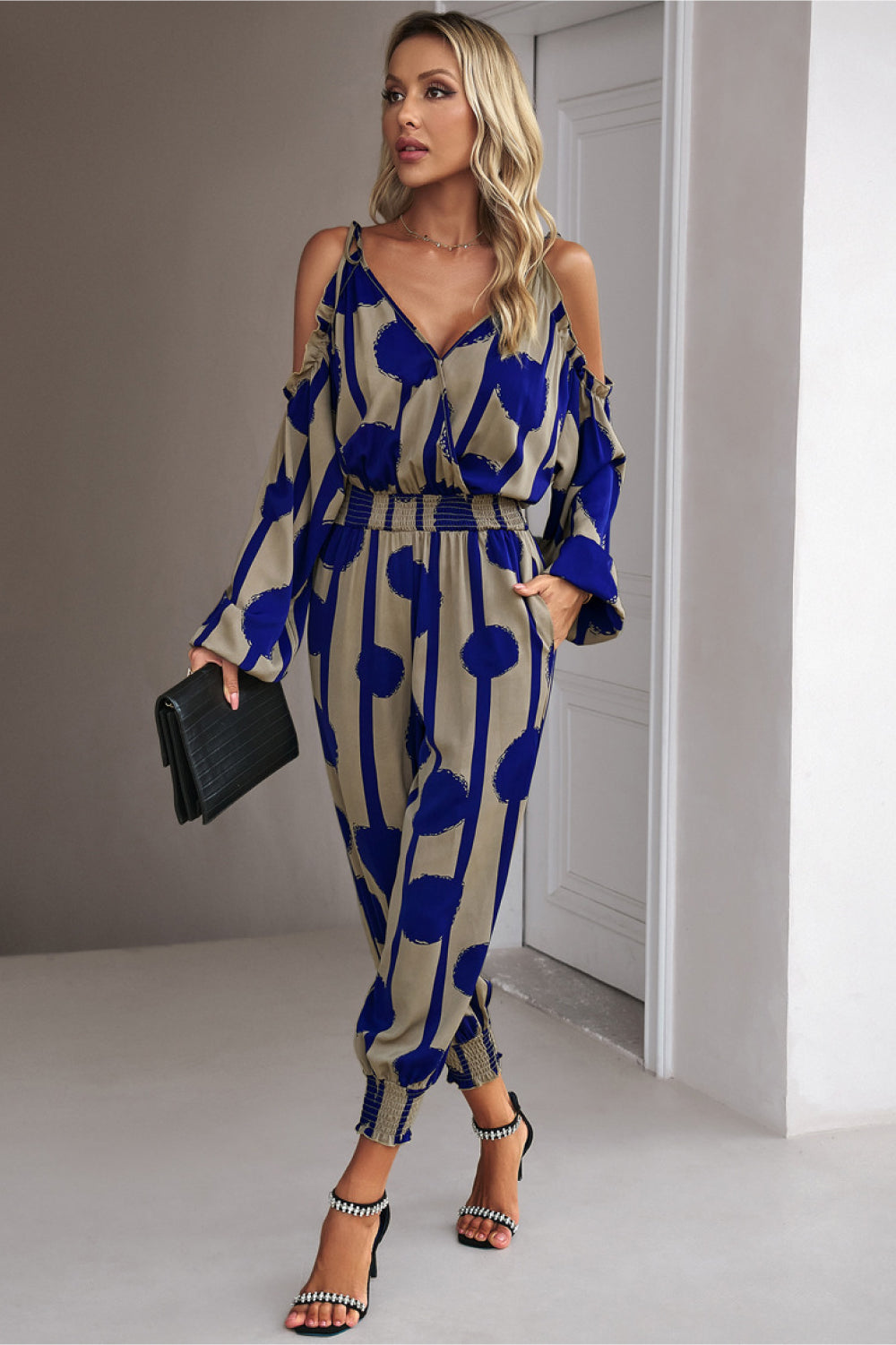 Printed Cold-Shoulder Surplice Neck Jumpsuit (4 Variants)