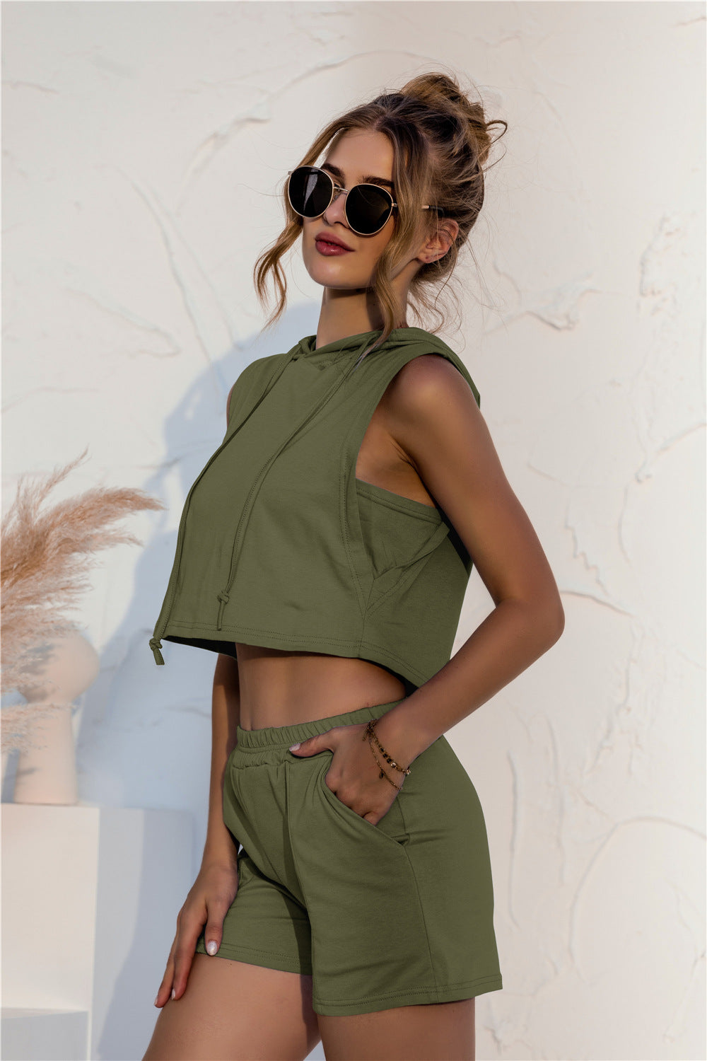 Hooded Crop Top & Pocketed Shorts Set