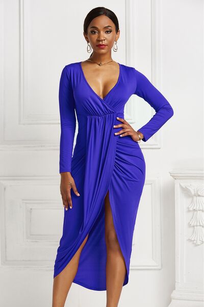 High-low Ruched Surplice Long Sleeve Dress (7 Variants)