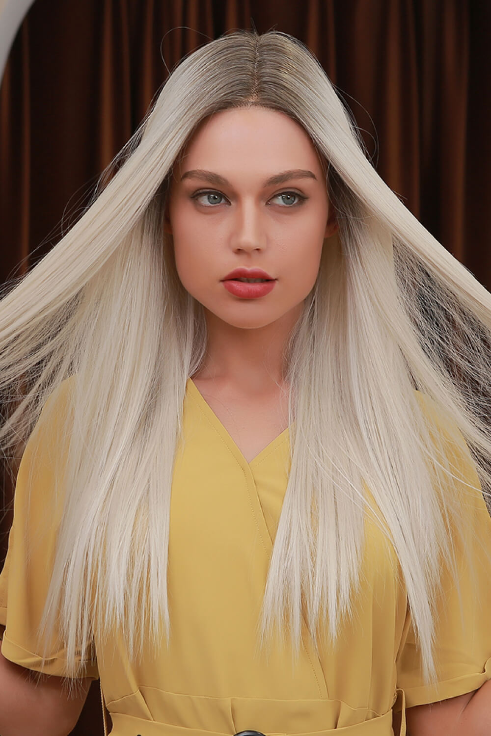 26" Platinum Blonde/Ash Brown Root Lace Front Synthetic Wig