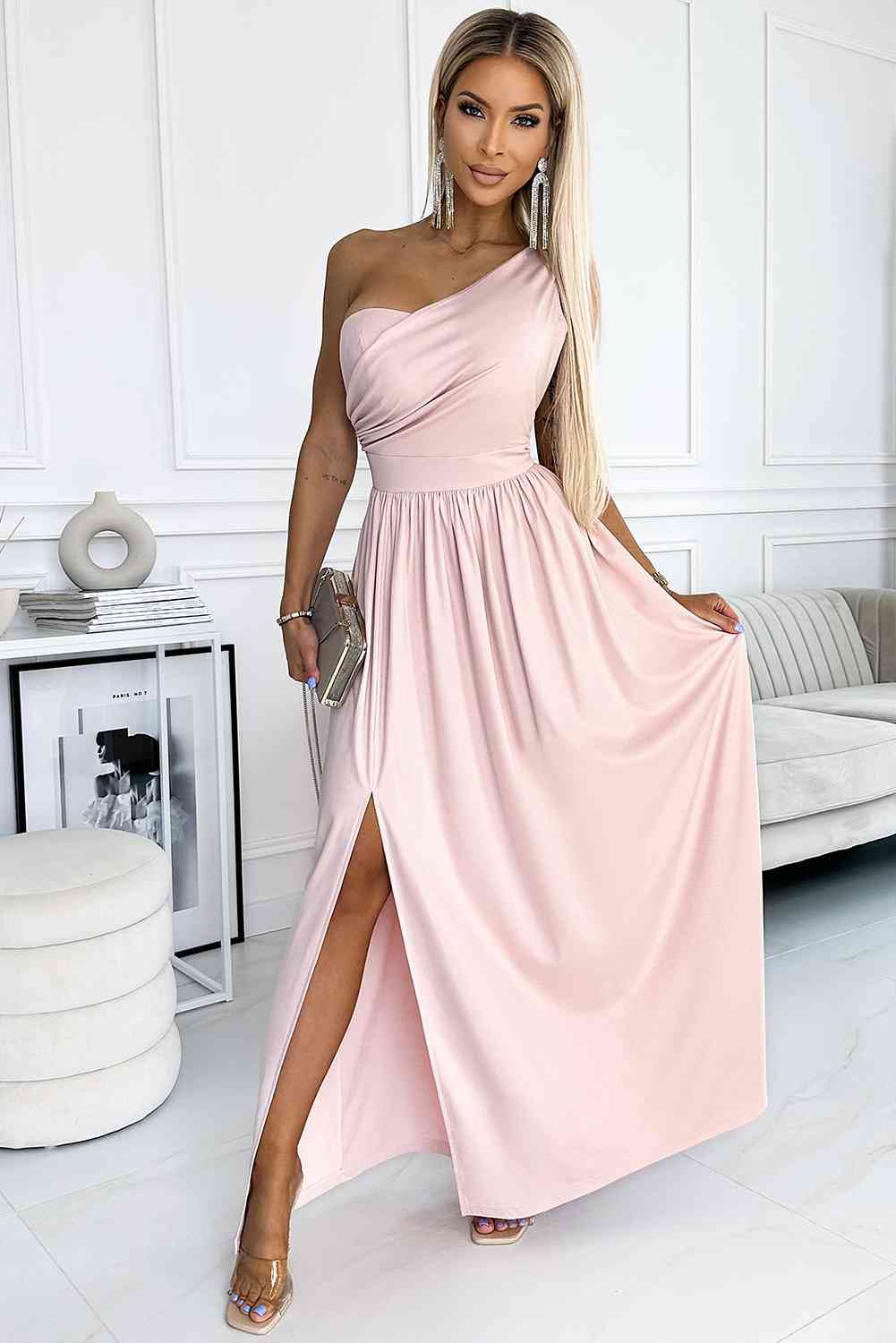 Angel Vibes One-Shoulder Slit Maxi Dress