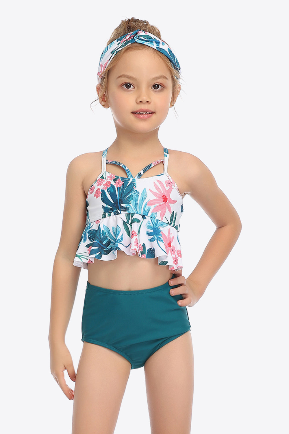 Girls Botanical Print Crisscross Ruffled Two-Piece Swim Set