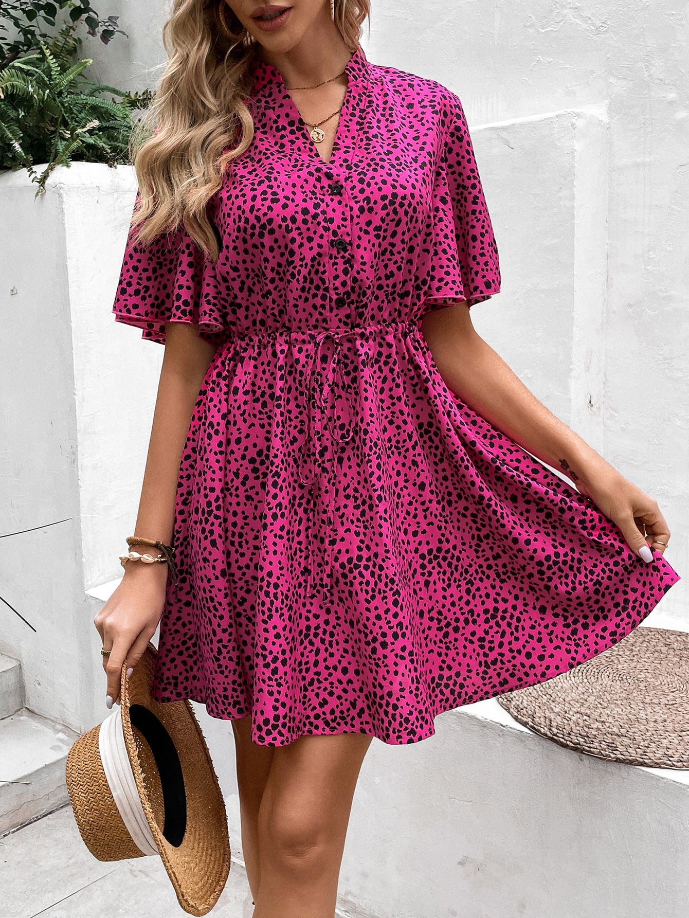 Printed Drawstring Waist Flutter Sleeve Dress