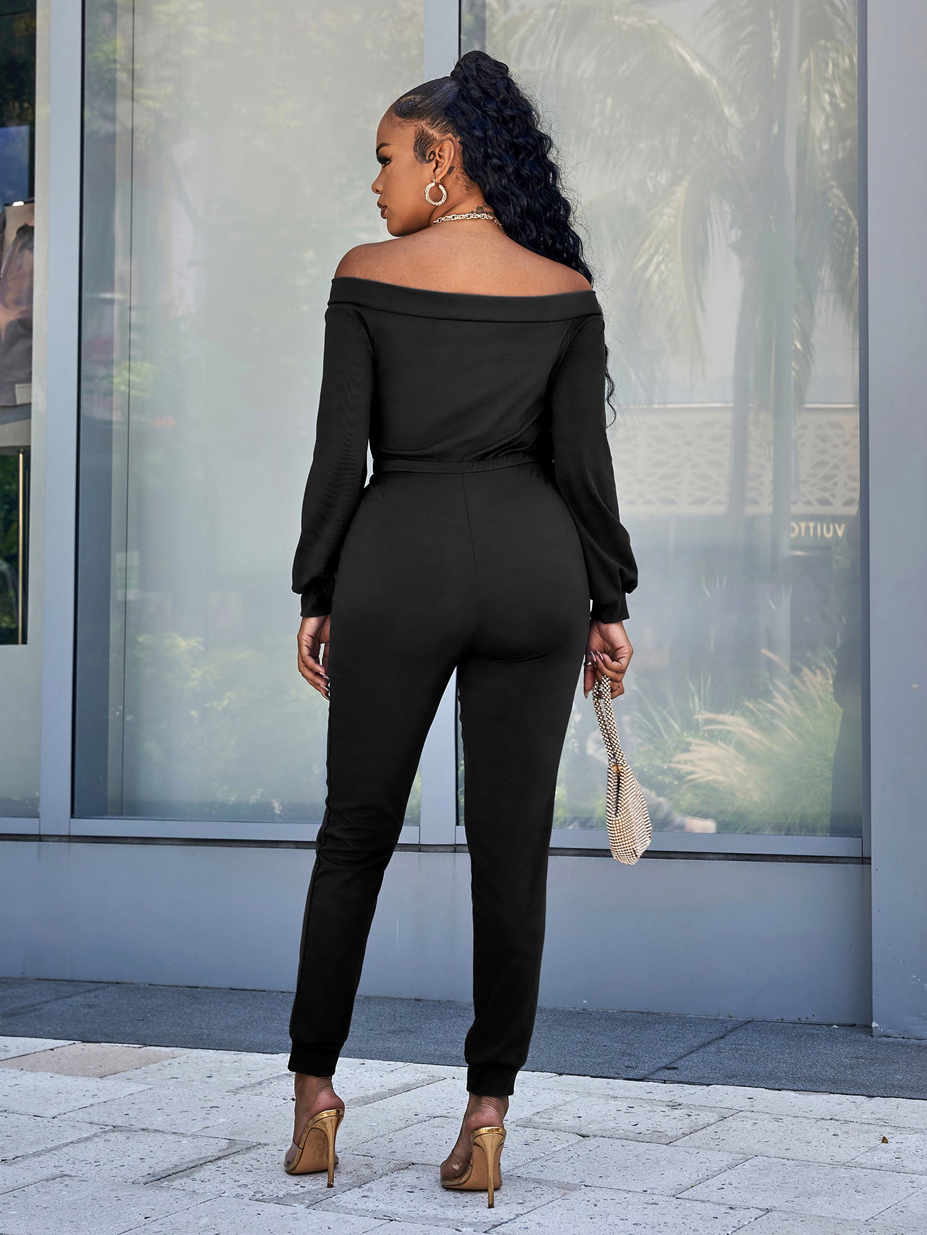 Lace-Up Off-Shoulder Long Sleeve Jumpsuit (3 Variants)