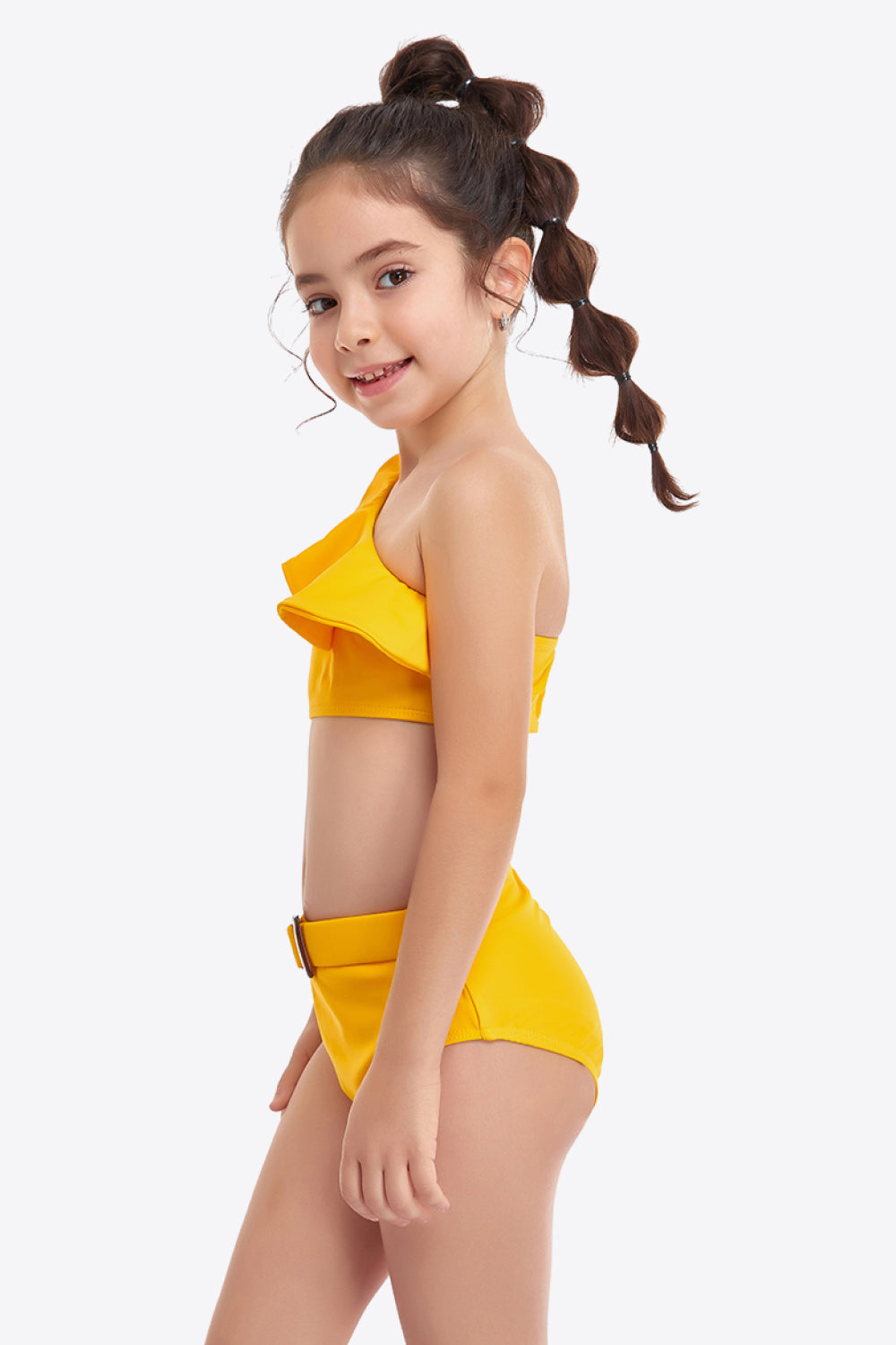 Girls Ruffled One-Shoulder Buckle Detail Two-Piece Swim Set