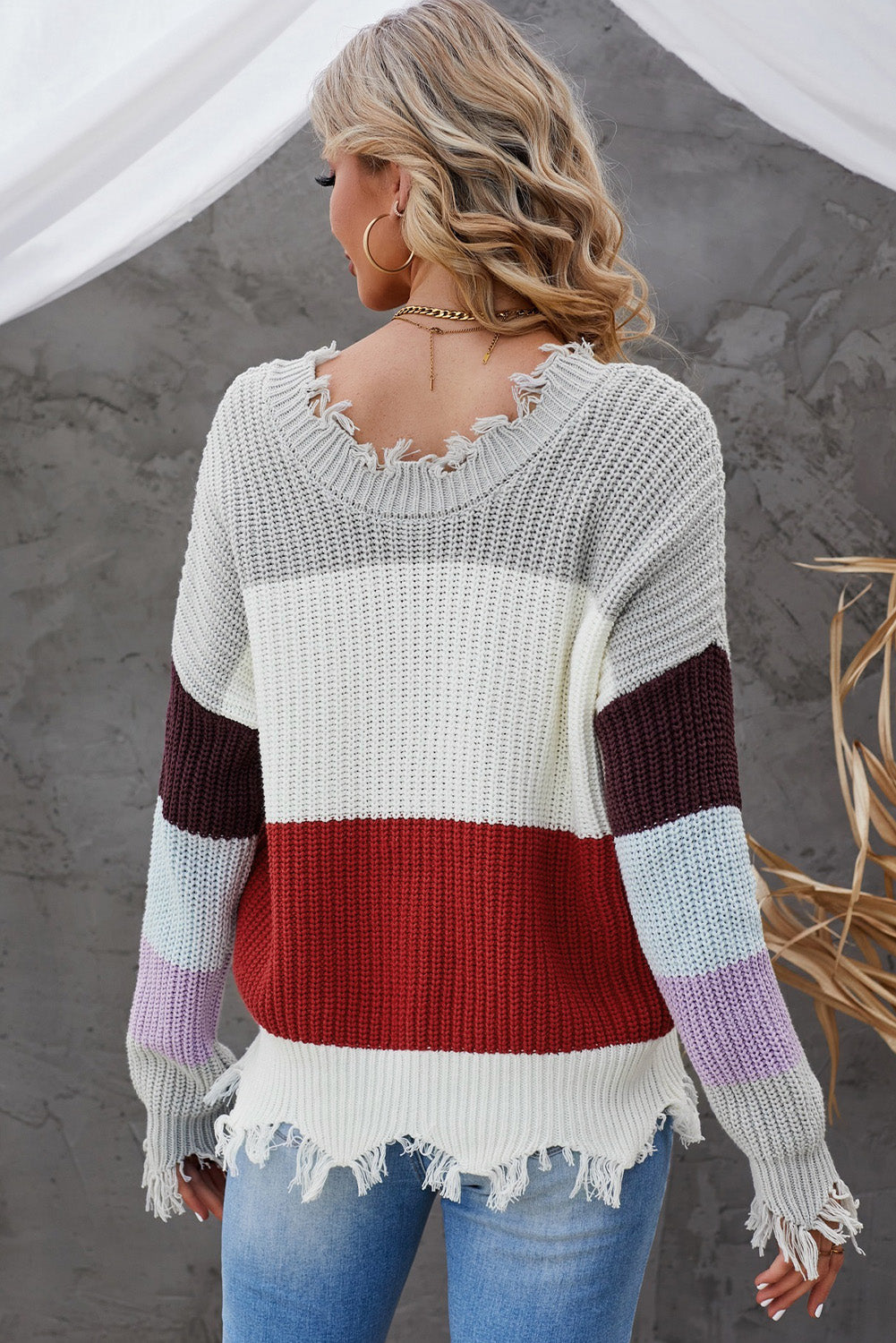 Color Block Distressed V-Neck Ribbed Sweater