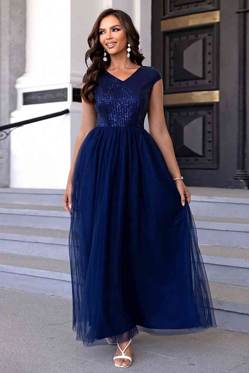 Belle of the Ball Sequin V-Neck Mesh Maxi Dress (5 Variants)