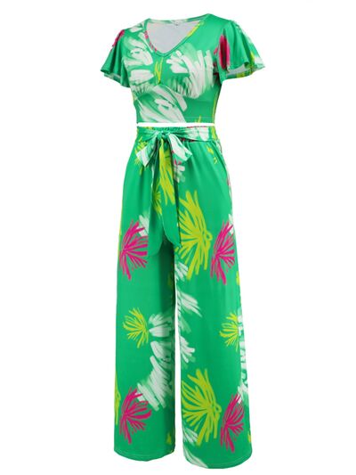 Tropical V-Neck Top & Tied Pants Set (3 Variants)