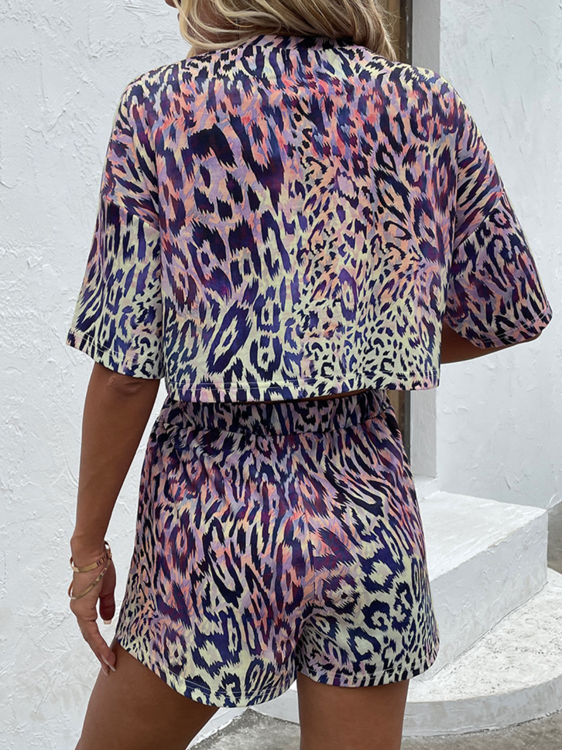 Colorful Leopard Print Drop Shoulder Shirt & Shorts Set