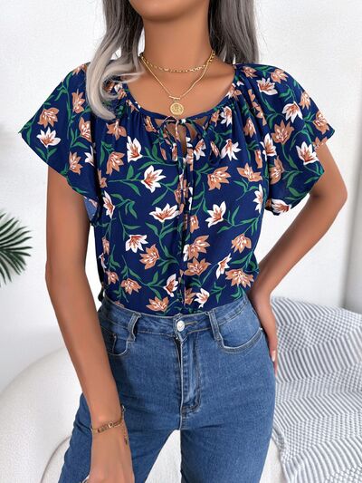 Floral Tie Neck Flutter Sleeve Blouse