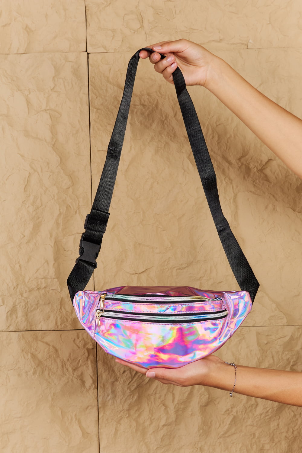 Iridescent Double Zipper Fanny Pack in Hot Pink