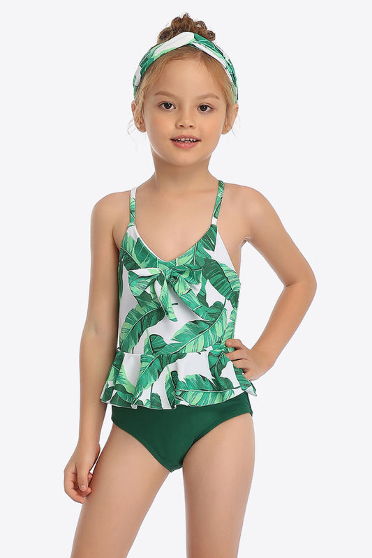 Girls Printed Bow Detail Ruffled One-Piece Swimsuit