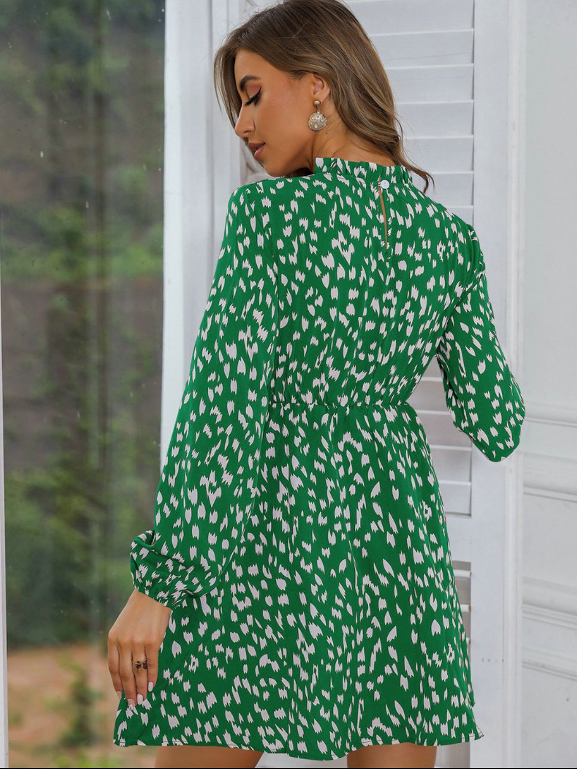 Printed Frill Neck Long Sleeve Dress