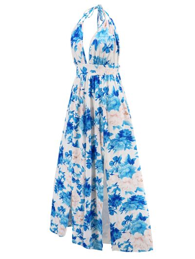 Slit Backless Printed Halter Neck Dress (2 Variants)