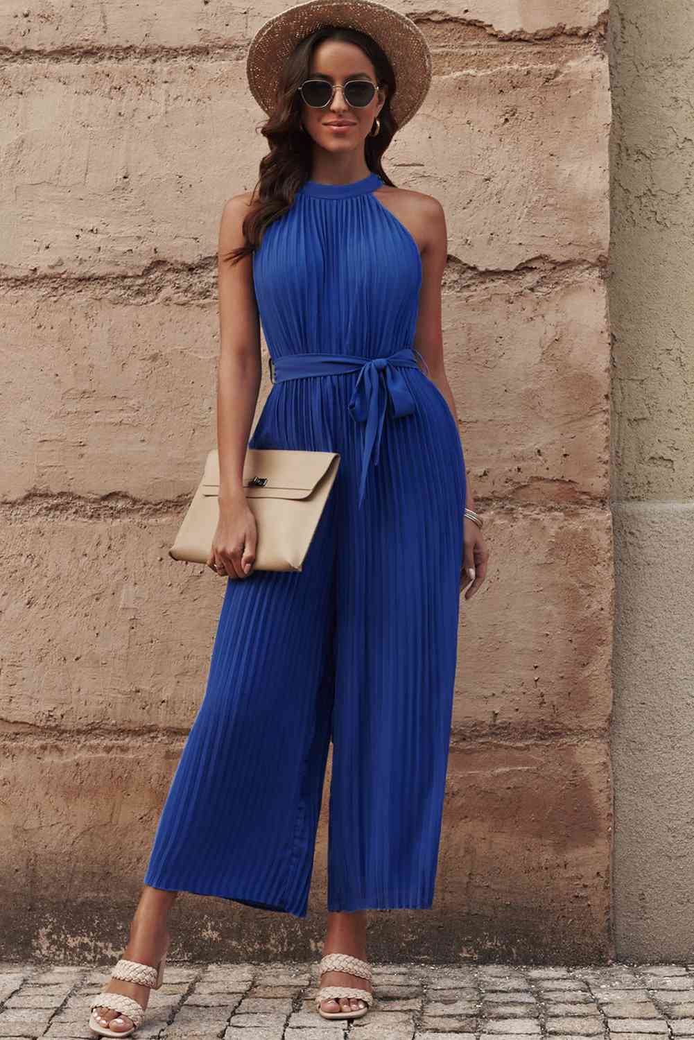 Accordion Pleated Belted Grecian Neck Sleeveless Jumpsuit (3 Variants)