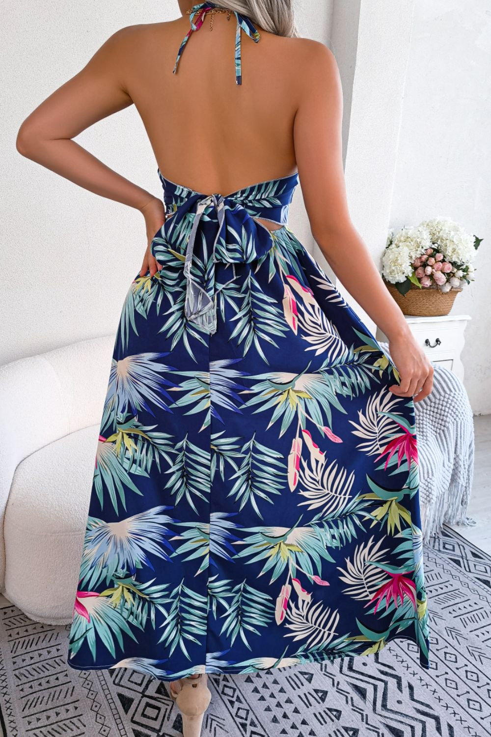 Botanical Print Tied Backless Cutout Slit Dress (3 Variants)