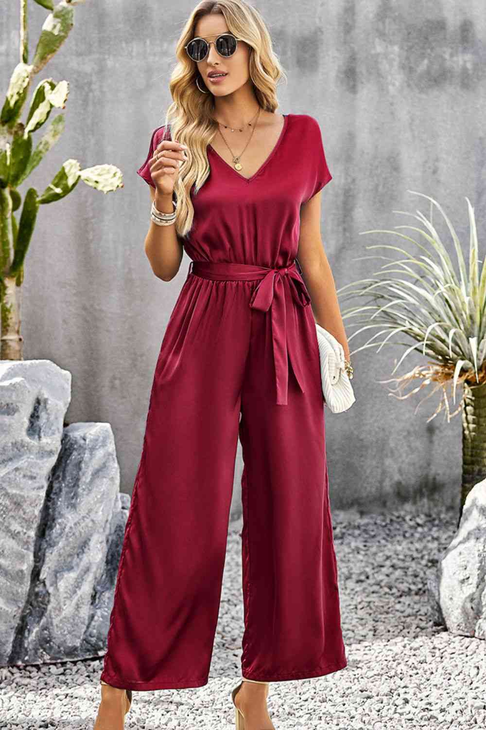 Tie Belt V-Neck Short Sleeve Jumpsuit (3 Variants)