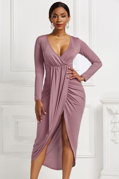 High-low Ruched Surplice Long Sleeve Dress (7 Variants)