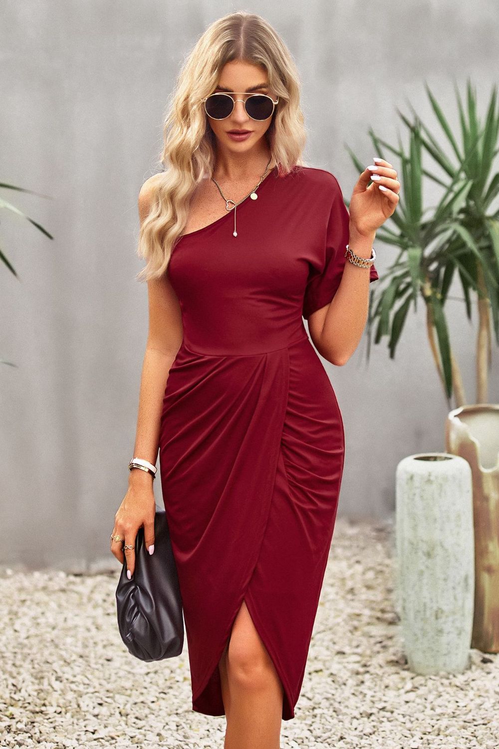 Ruched One-Shoulder Tulip Hem Dress (5 Variants)