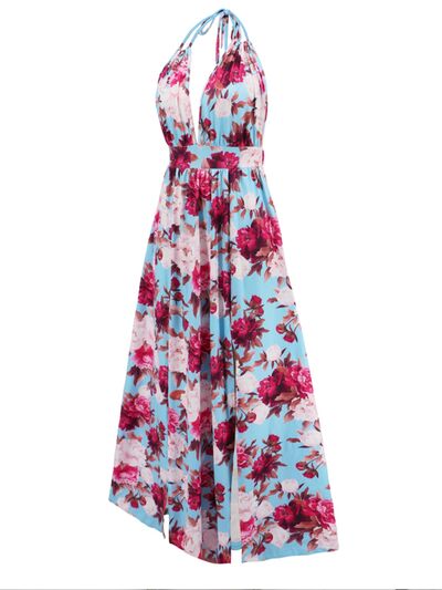 Slit Backless Printed Halter Neck Dress (2 Variants)