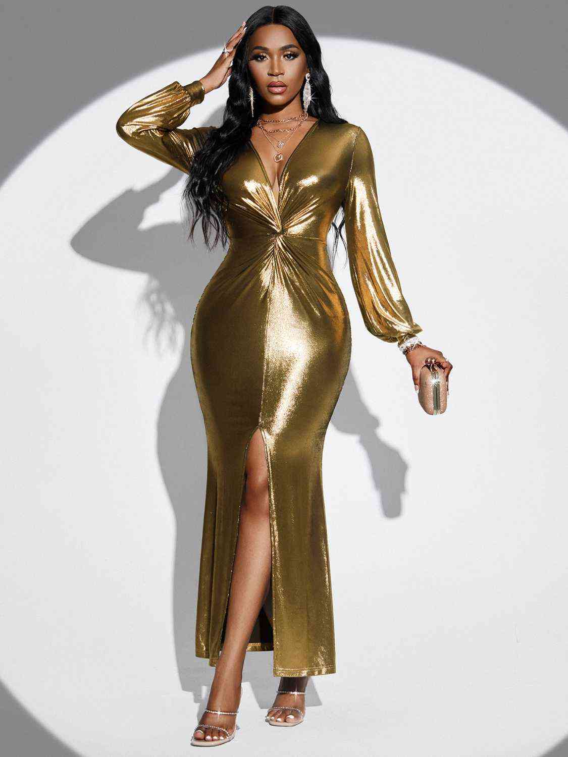 Golden Goddess Plunge Twisted Front Slit Midi Dress