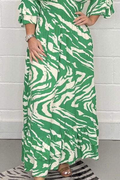 Smocked Printed Flounce Sleeve Maxi Dress (3 Variants)