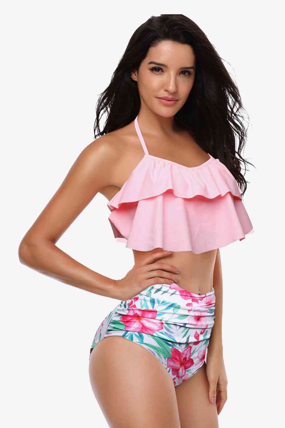 Two-Tone Ruffled Halter Neck Two-Piece Swimsuit (12 Variants)