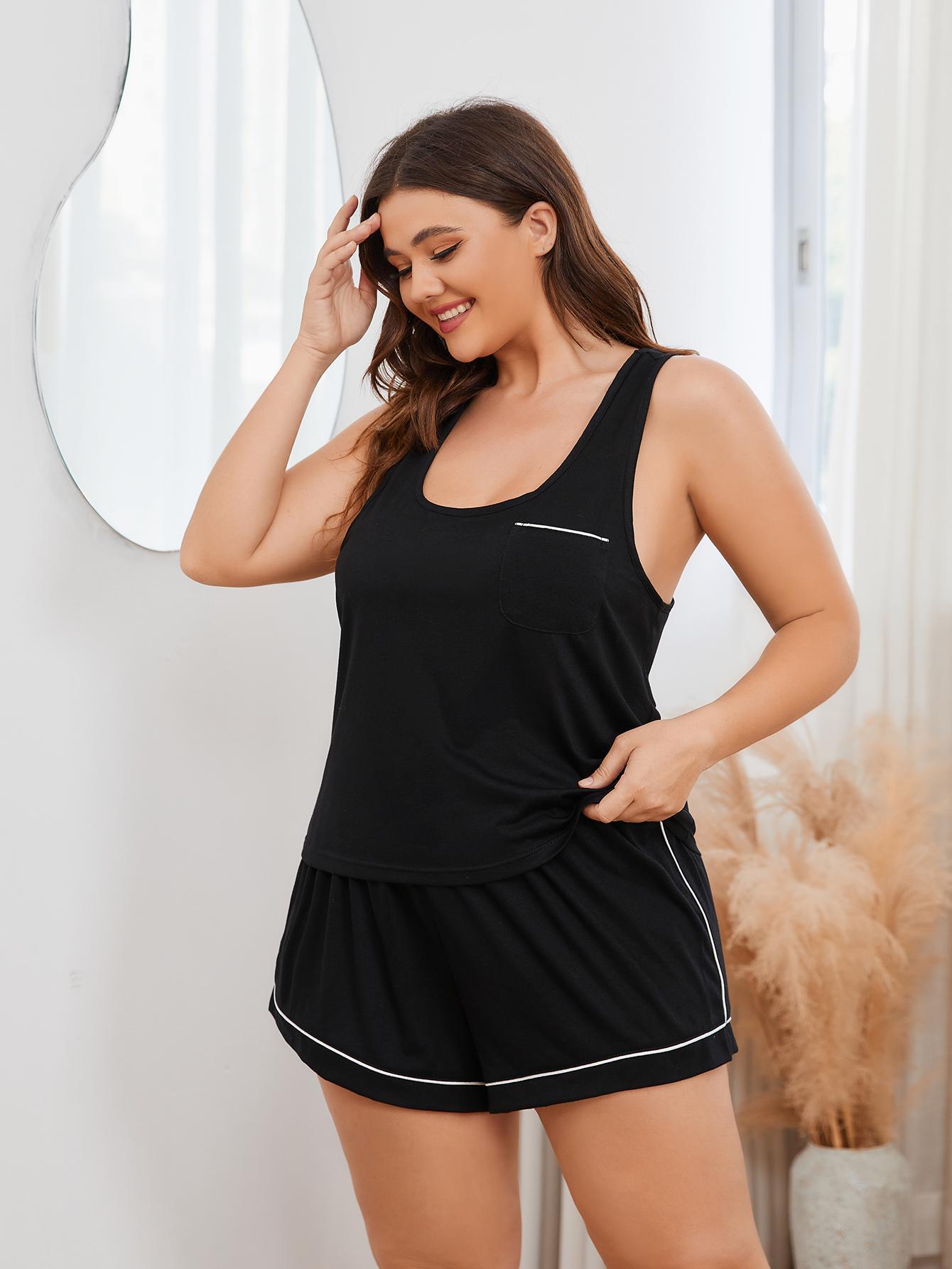 Plus Size Piping Racerback Tank/Shorts Lounge Set