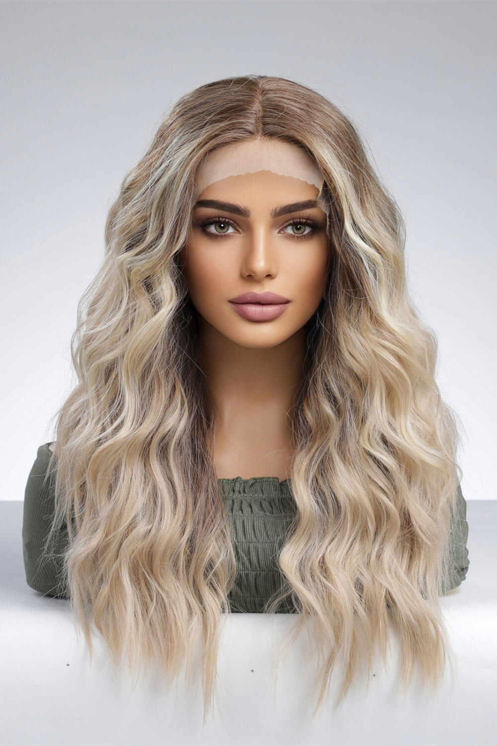 24" Light Brown/Blonde Ombre Lace Front Synthetic Long Waves Wig