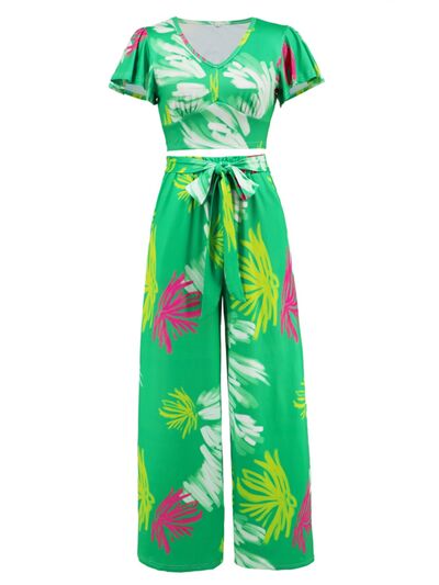 Tropical V-Neck Top & Tied Pants Set (3 Variants)