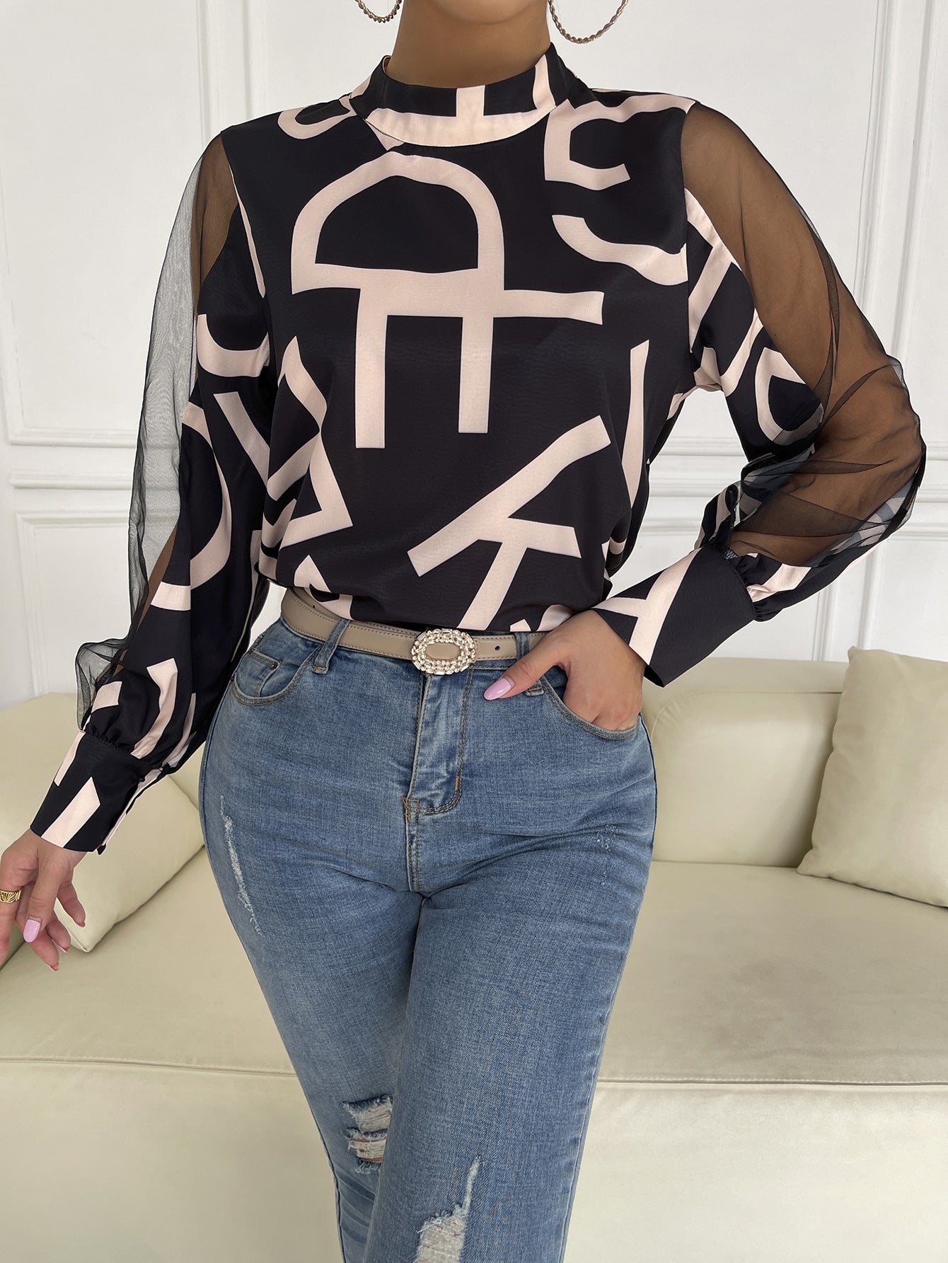 Letter Spliced Mesh Sleeve Blouse